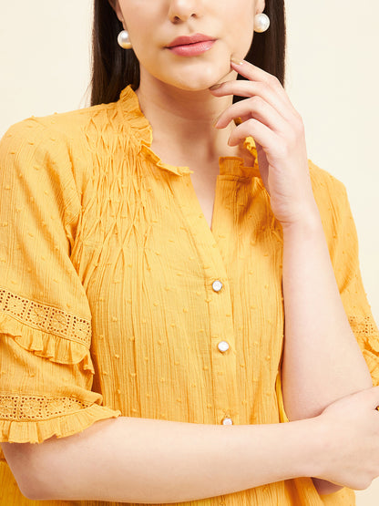 Gipsy Women Solid Lace Cotton Yellow Top