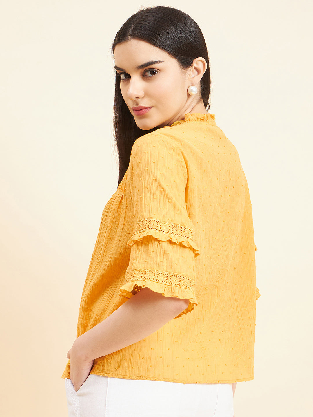 Gipsy Women Solid Lace Cotton Yellow Top