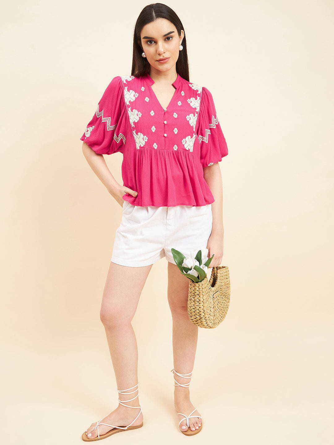 Gipsy Women Solid Embordiery Rayon Hot Pink Top