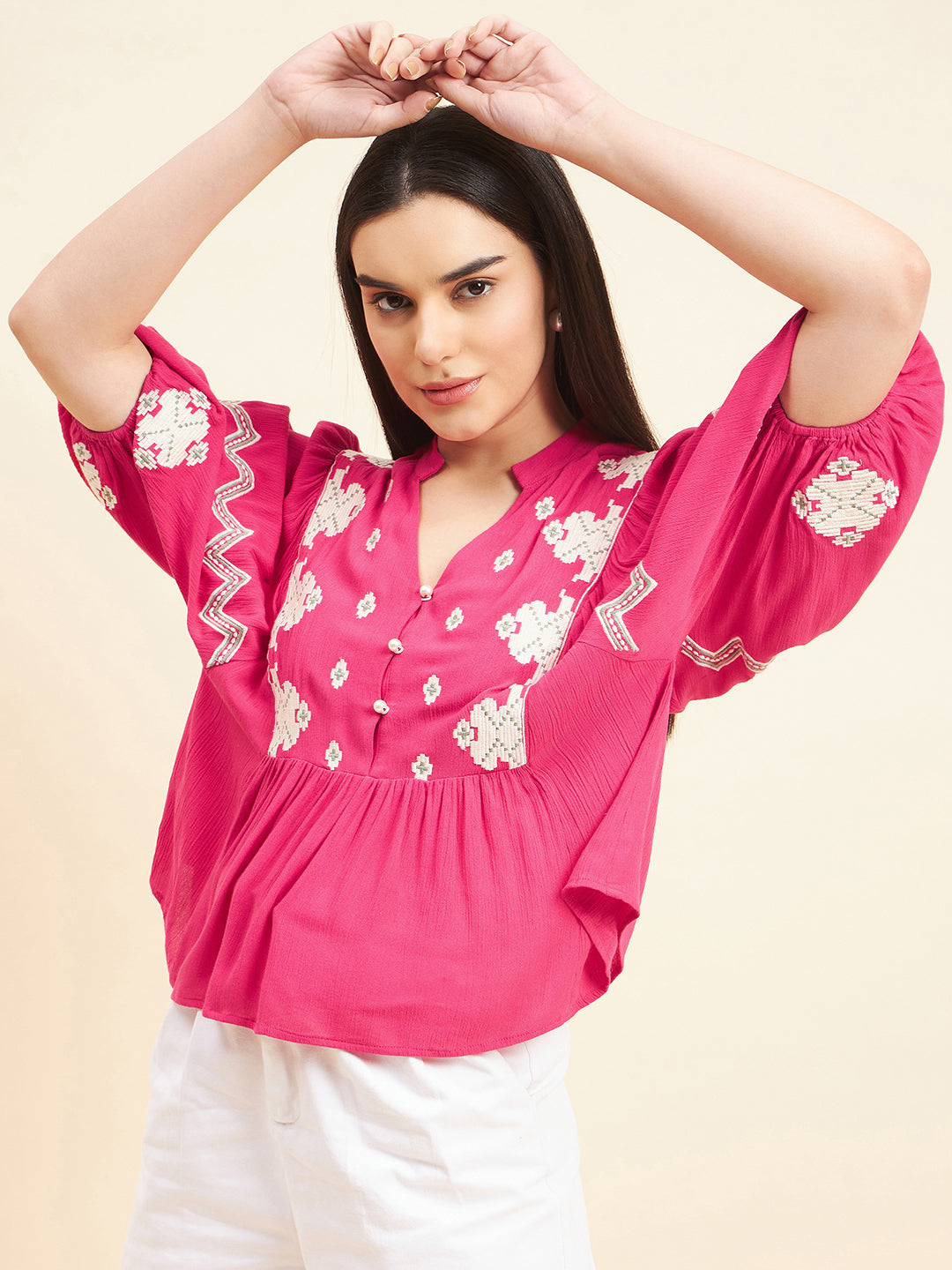 Gipsy Women Solid Embordiery Rayon Hot Pink Top