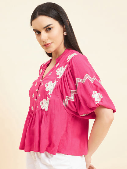 Gipsy Women Solid Embordiery Rayon Hot Pink Top