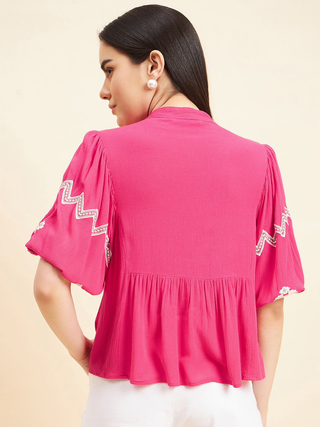 Gipsy Women Solid Embordiery Rayon Hot Pink Top