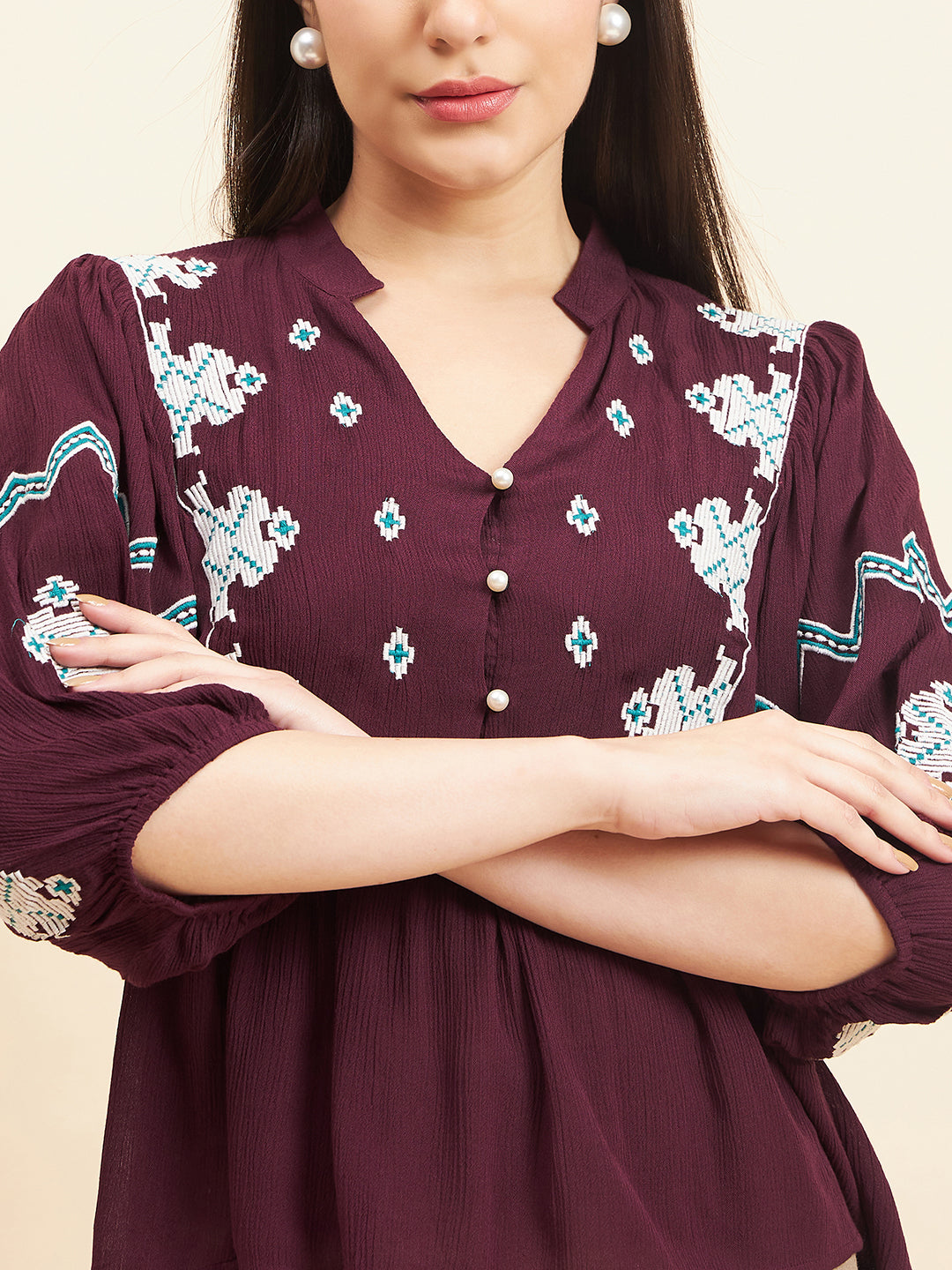 Gipsy Women Solid Embordiery Rayon Wine Top