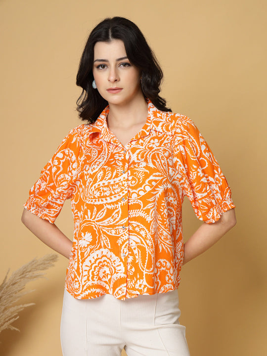 Gipsy Orange Floral Printed Rayon Blouse