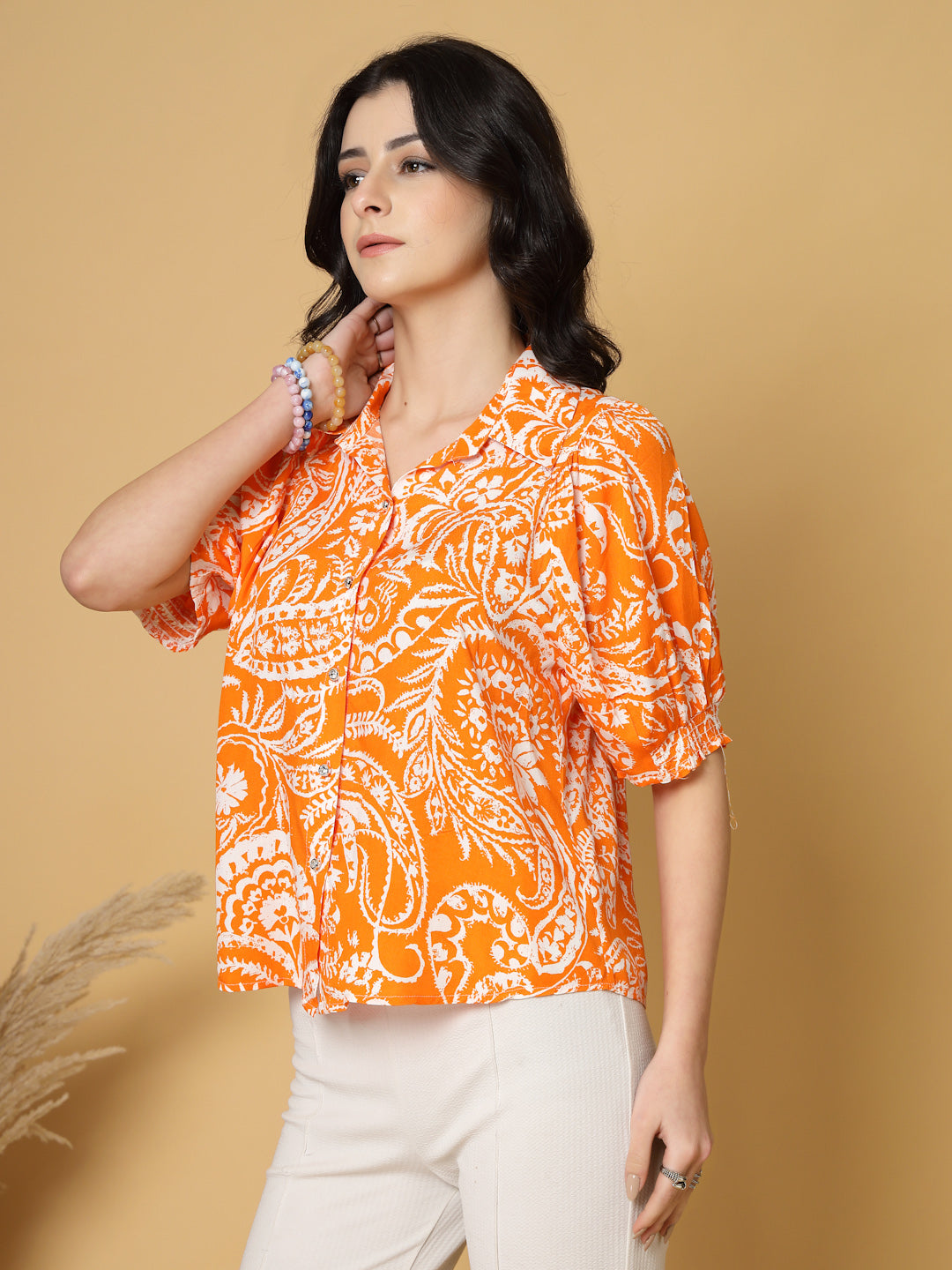 Gipsy Orange Floral Printed Rayon Blouse