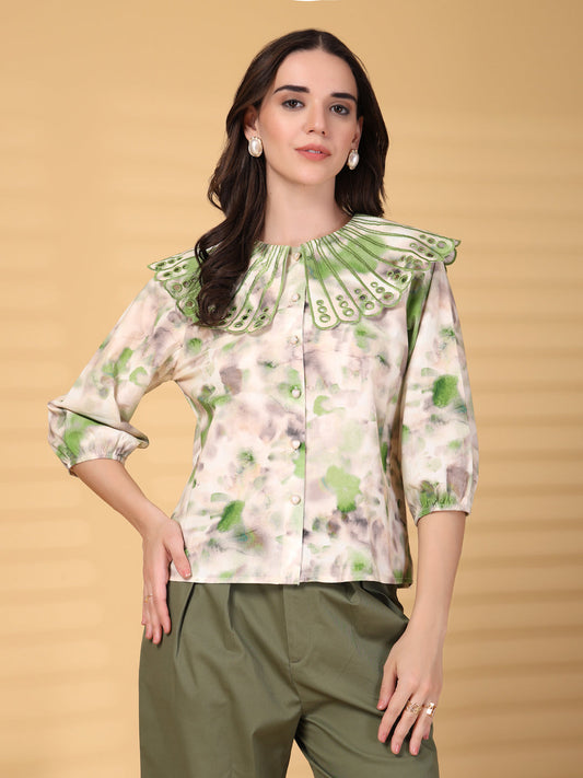 Gipsy Green Berta Embroidery Pigmented Cotton Blouse