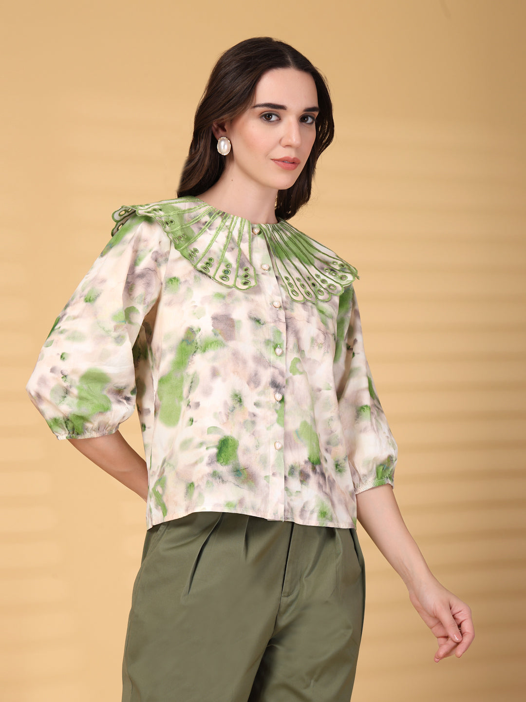 Gipsy Green Berta Embroidery Pigmented Cotton Blouse
