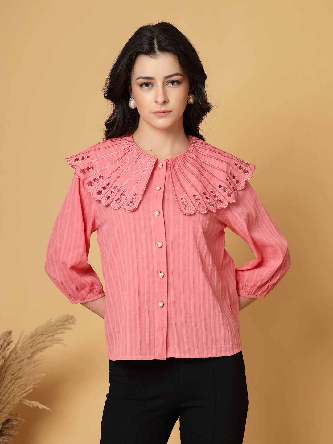 Gipsy Coral Pink Striped Cotton Blouse