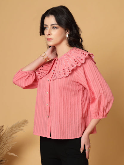 Gipsy Coral Pink Striped Cotton Blouse