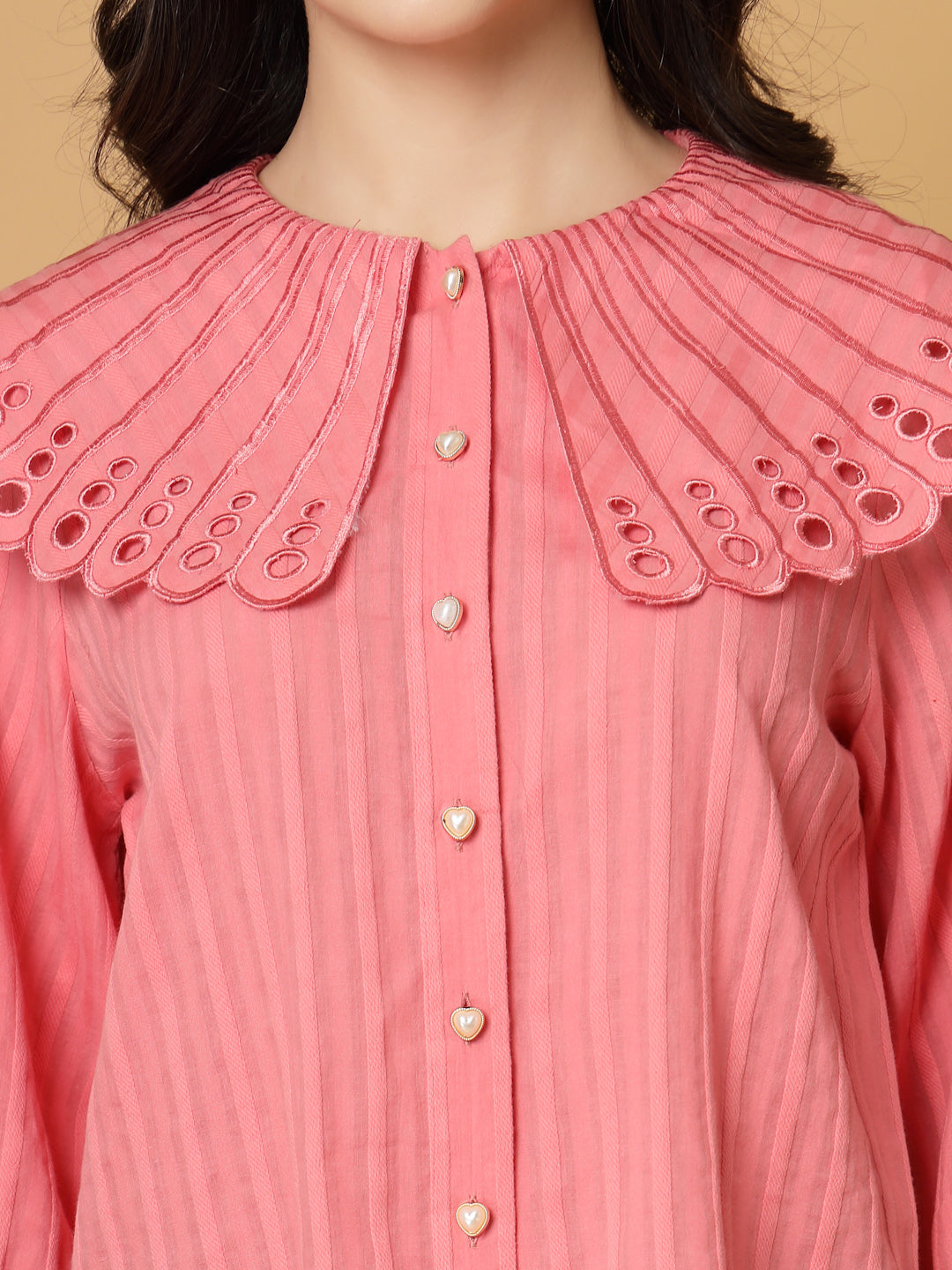 Gipsy Coral Pink Striped Cotton Blouse