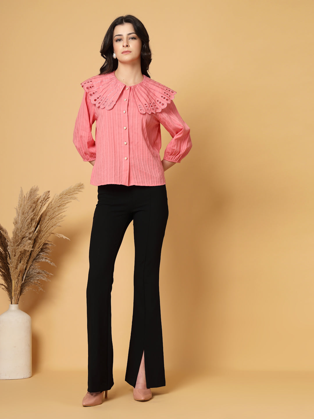Gipsy Coral Pink Striped Cotton Blouse