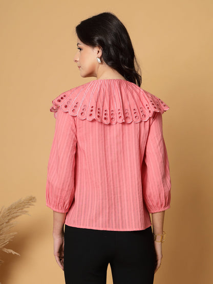 Gipsy Coral Pink Striped Cotton Blouse