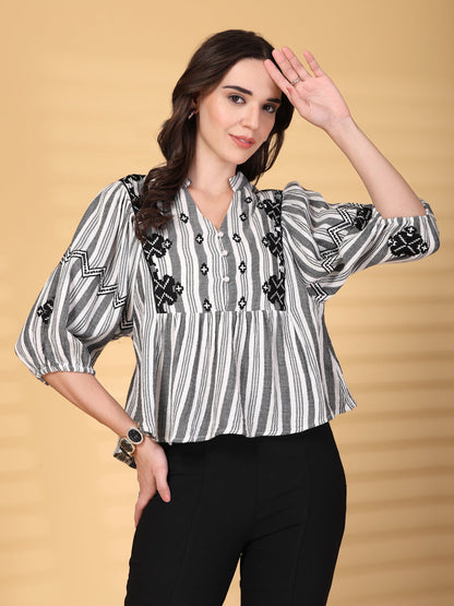 Gipsy Black Embroidery Double Cloth Cotton Blouse