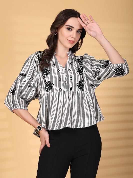 Gipsy Black Embroidery Double Cloth Cotton Blouse