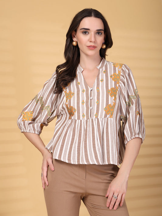 Gipsy Brown Embroidery Double Cloth Cotton Blouse