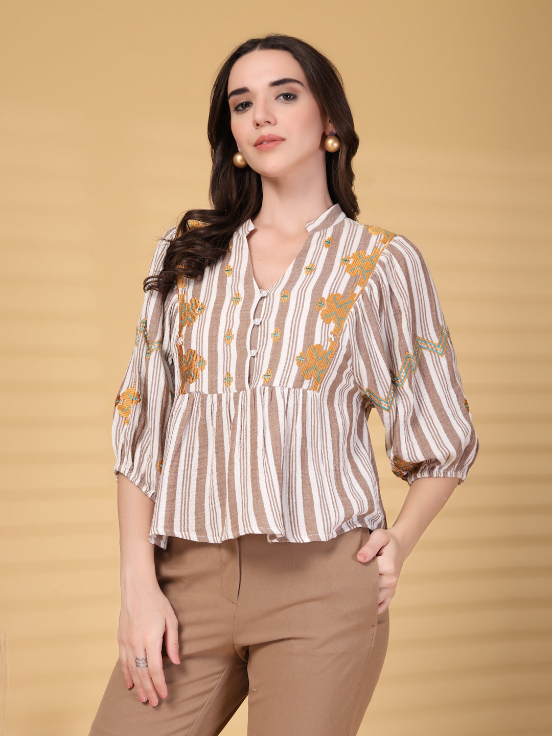 Gipsy Brown Embroidery Double Cloth Cotton Blouse
