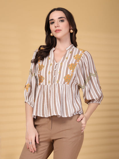 Gipsy Brown Embroidery Double Cloth Cotton Blouse