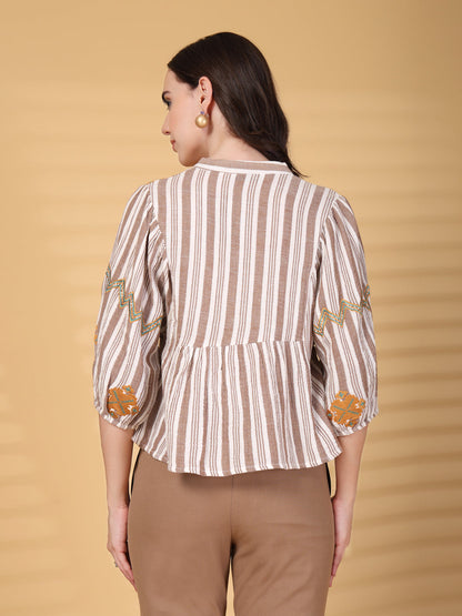 Gipsy Brown Embroidery Double Cloth Cotton Blouse