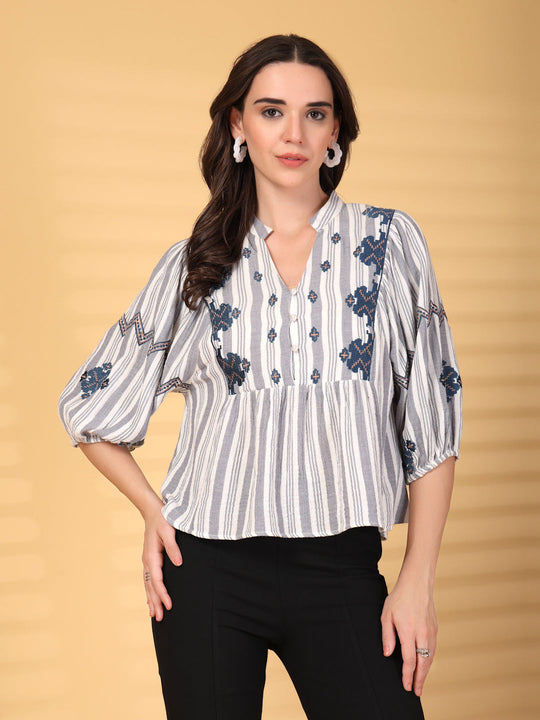 Gipsy Grey Embroidered Double Cloth Cotton Blouse