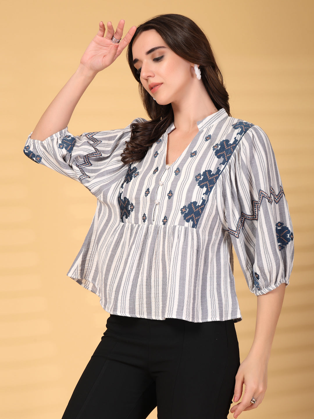 Gipsy Grey Embroidered Double Cloth Cotton Blouse