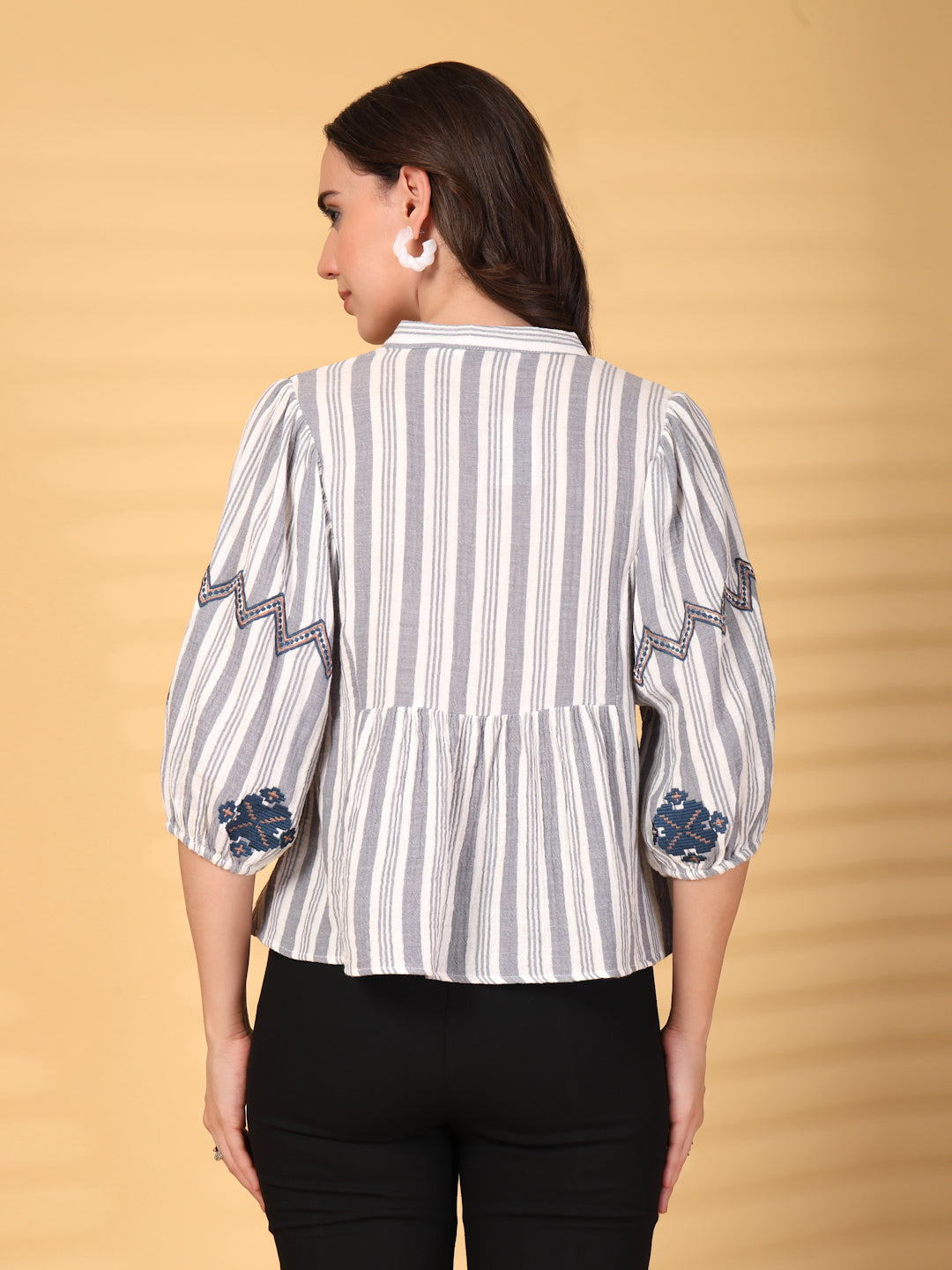 Gipsy Grey Embroidery Double Cloth Cotton Blouse