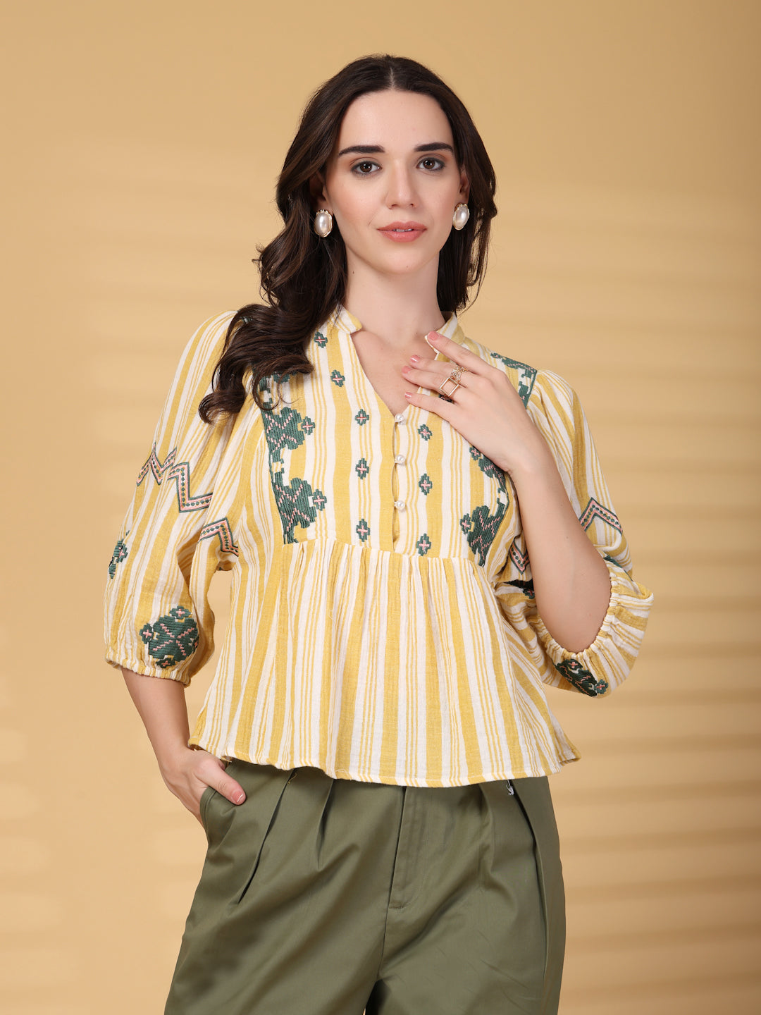 Gipsy Yellow Embroidery Double Cloth Cotton Blouse