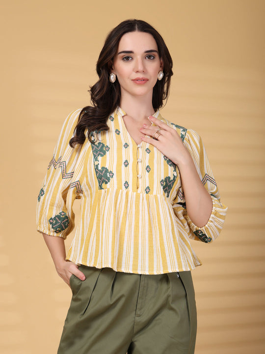 Gipsy Yellow Embroidered Double Cloth Cotton Blouse