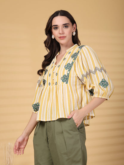 Gipsy Yellow Embroidery Double Cloth Cotton Blouse
