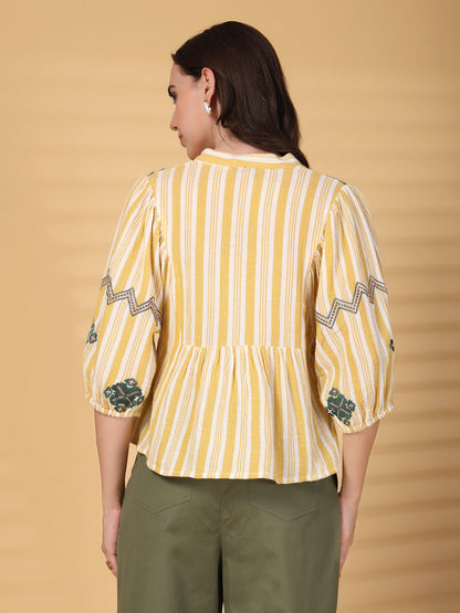 Gipsy Yellow Embroidery Double Cloth Cotton Blouse