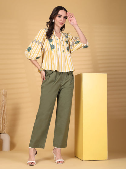 Gipsy Yellow Embroidery Double Cloth Cotton Blouse