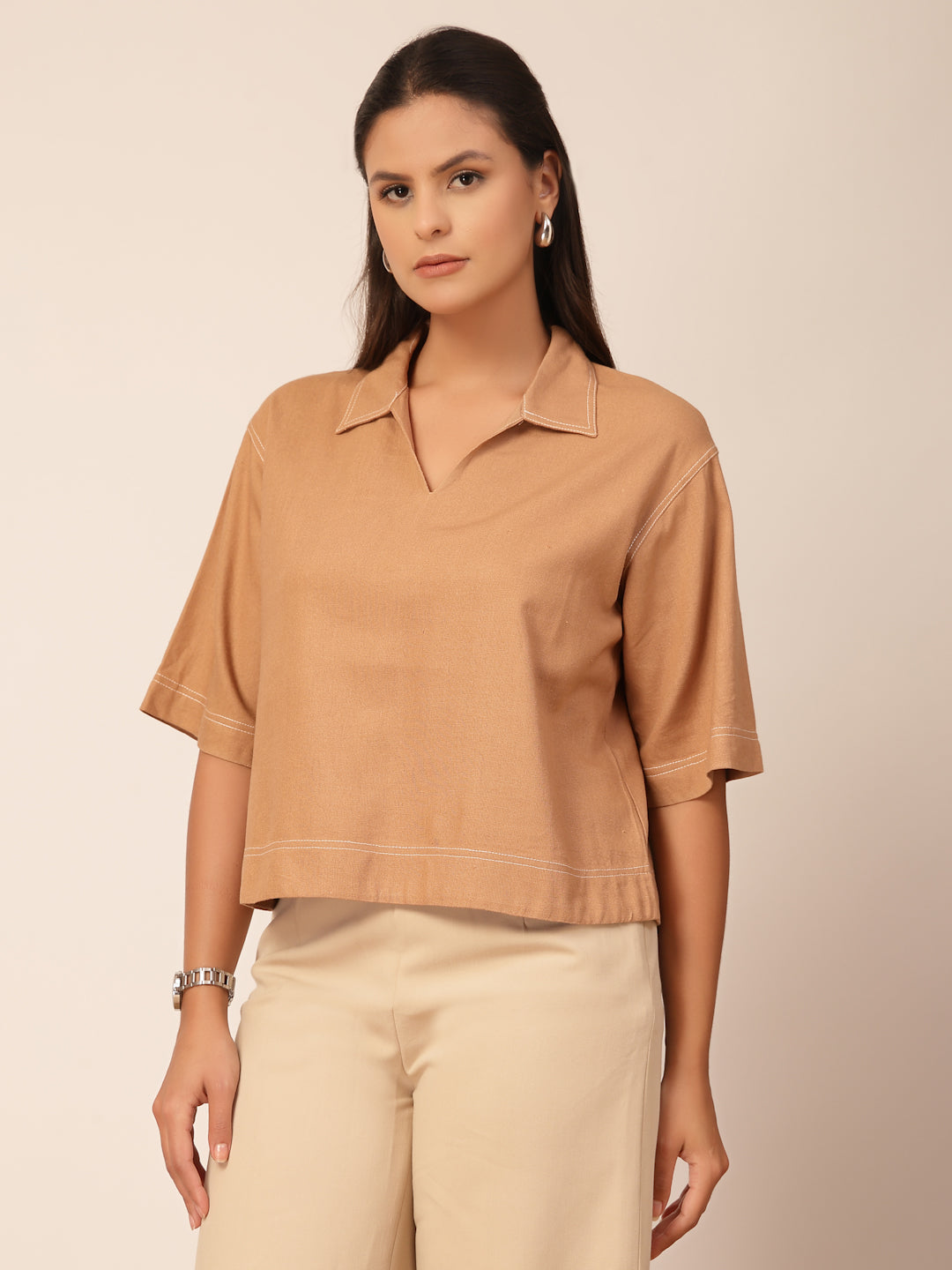 Gipsy Beige Linen A-Line Blouse