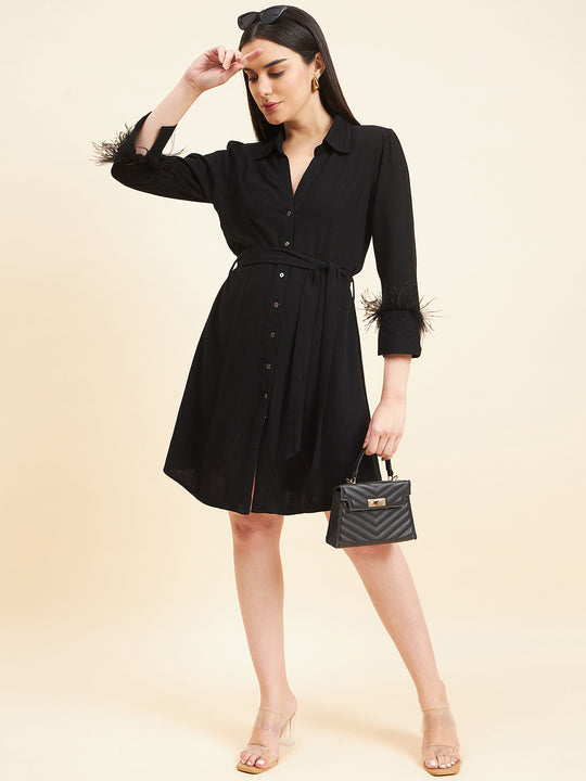 Gipsy Women Solid Lace With Belt Midi Linen Black Dress