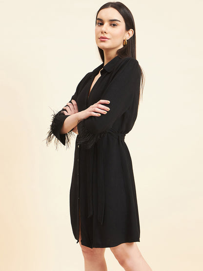 Gipsy Women Solid Lace With Belt Midi Linen Black Dress