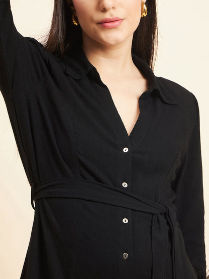 Gipsy Women Solid Lace With Belt Midi Linen Black Dress