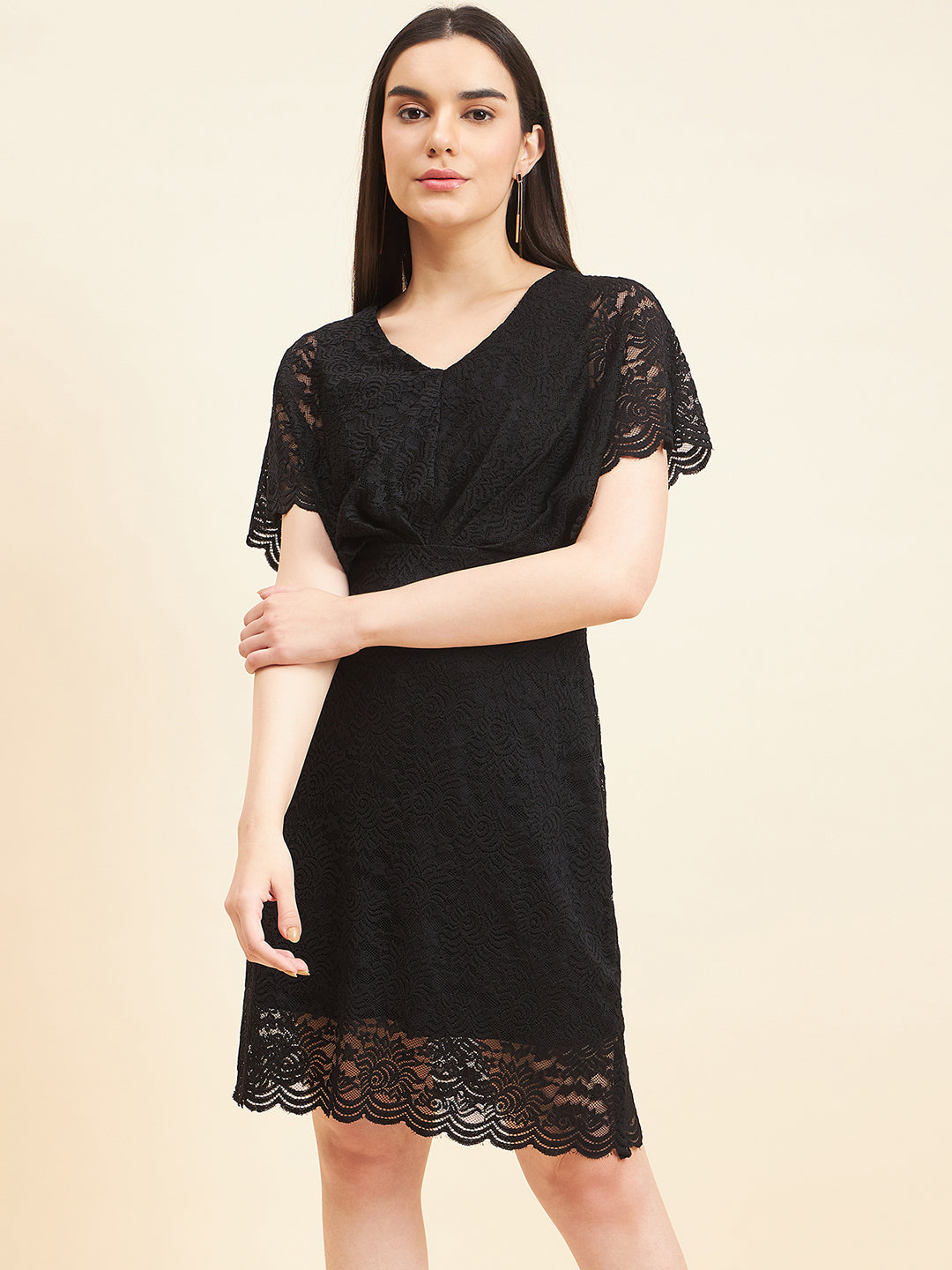 Gipsy Women Solid Front Frill Midi Lace Black Dress