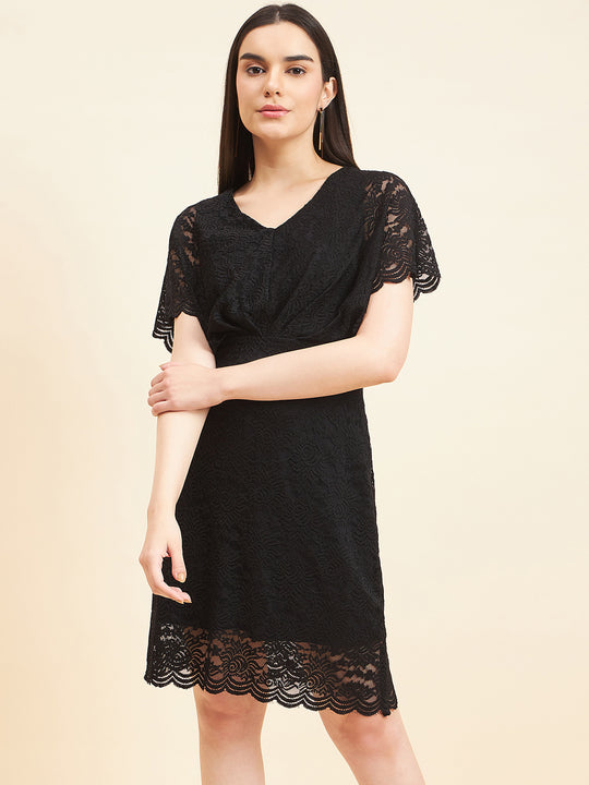 Gipsy Women Solid Front Frill Midi Lace Black Dress
