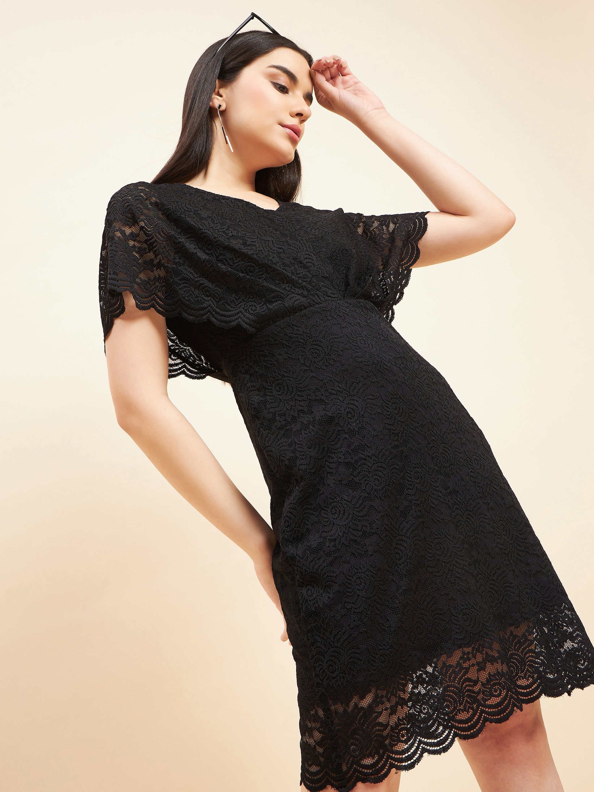 Gipsy Women Solid Front Frill Midi Lace Black Dress