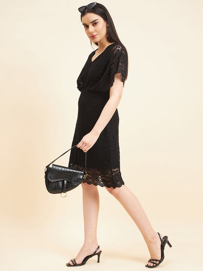 Gipsy Women Solid Front Frill Midi Lace Black Dress