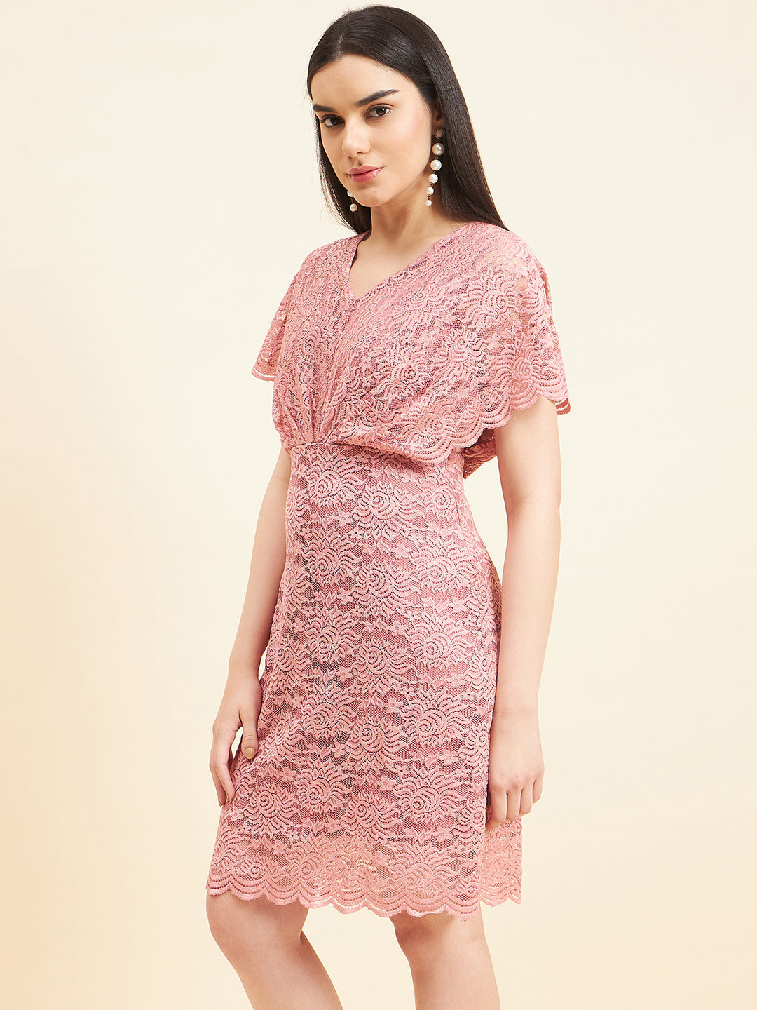Gipsy Women Solid Front Frill Midi Lace Peach Dress