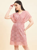 Gipsy Women Solid Front Frill Midi Lace Pink Dress