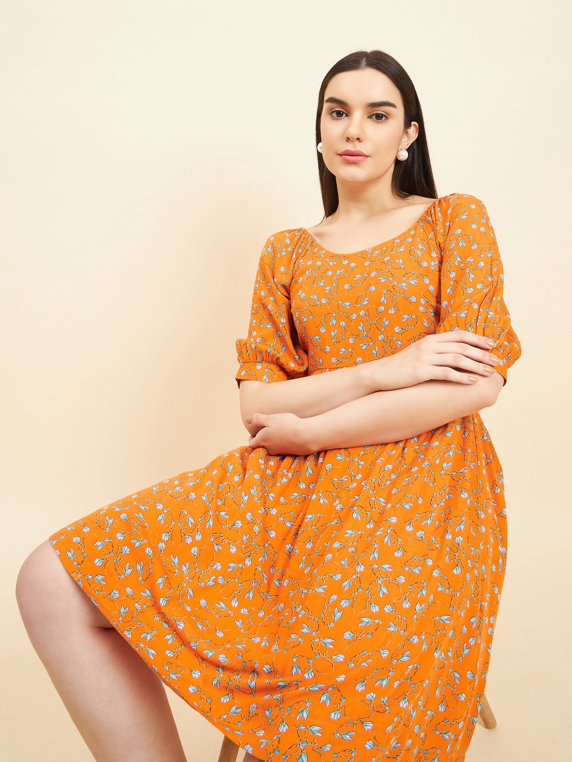 Gipsy Women Printed Printed Midi Rayon Orange Dress