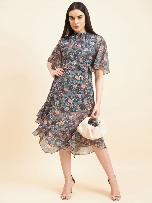 Gipsy Women Printed Printed Mini Georgette Grey Dress
