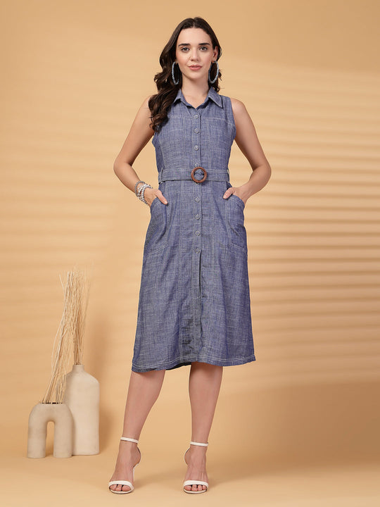 Gipsy Indigo Cotton A Line Dress With Belt