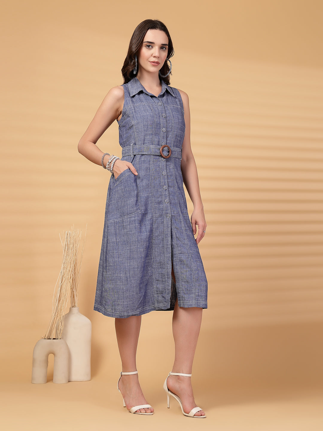 Gipsy Indigo Cotton A Line Dress With Belt