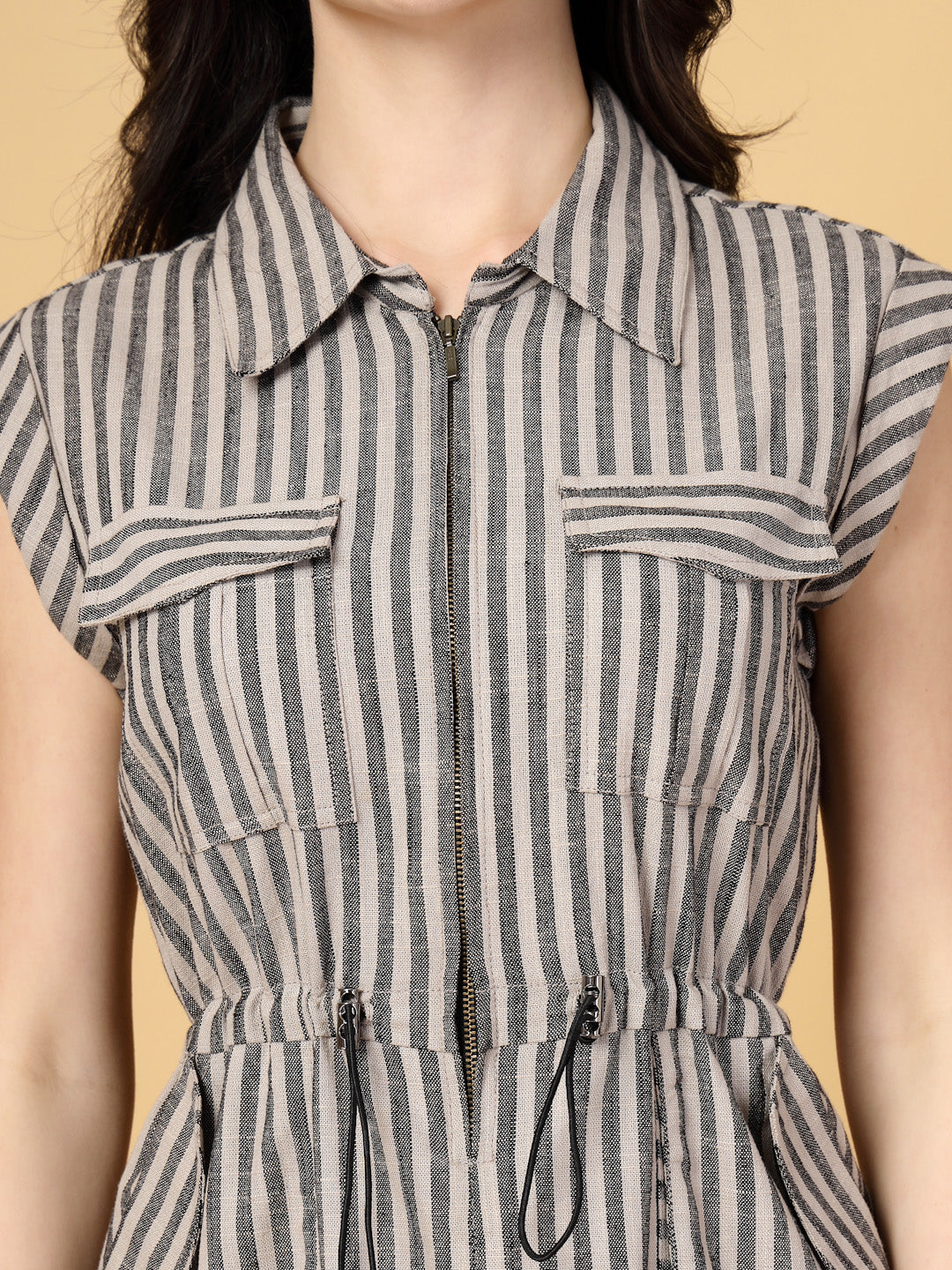 Gipsy Beige & Black Striped Cotton Dress
