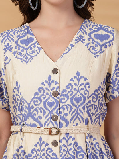 Gipsy Cobalt Blue Printed Rayon Dress With Belt