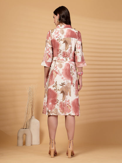 Gipsy Pink Printed Rayon Shirt Dress With Belt