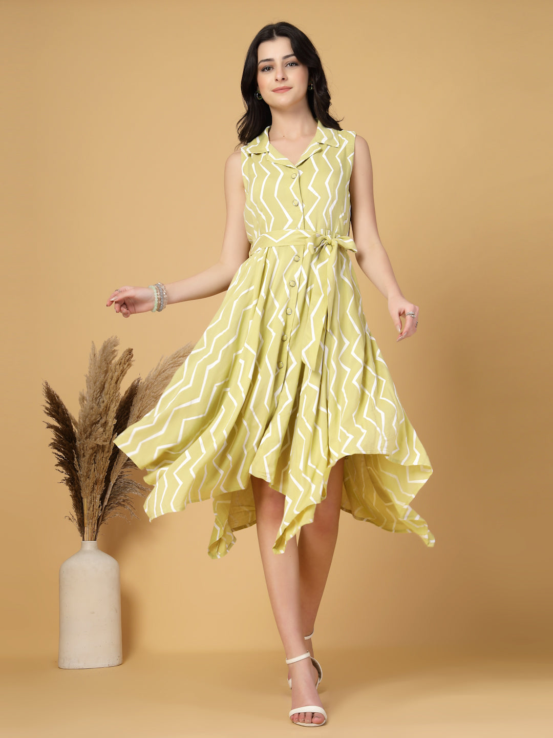 Gipsy Lime Green Chevron Cotton Dress With Belt