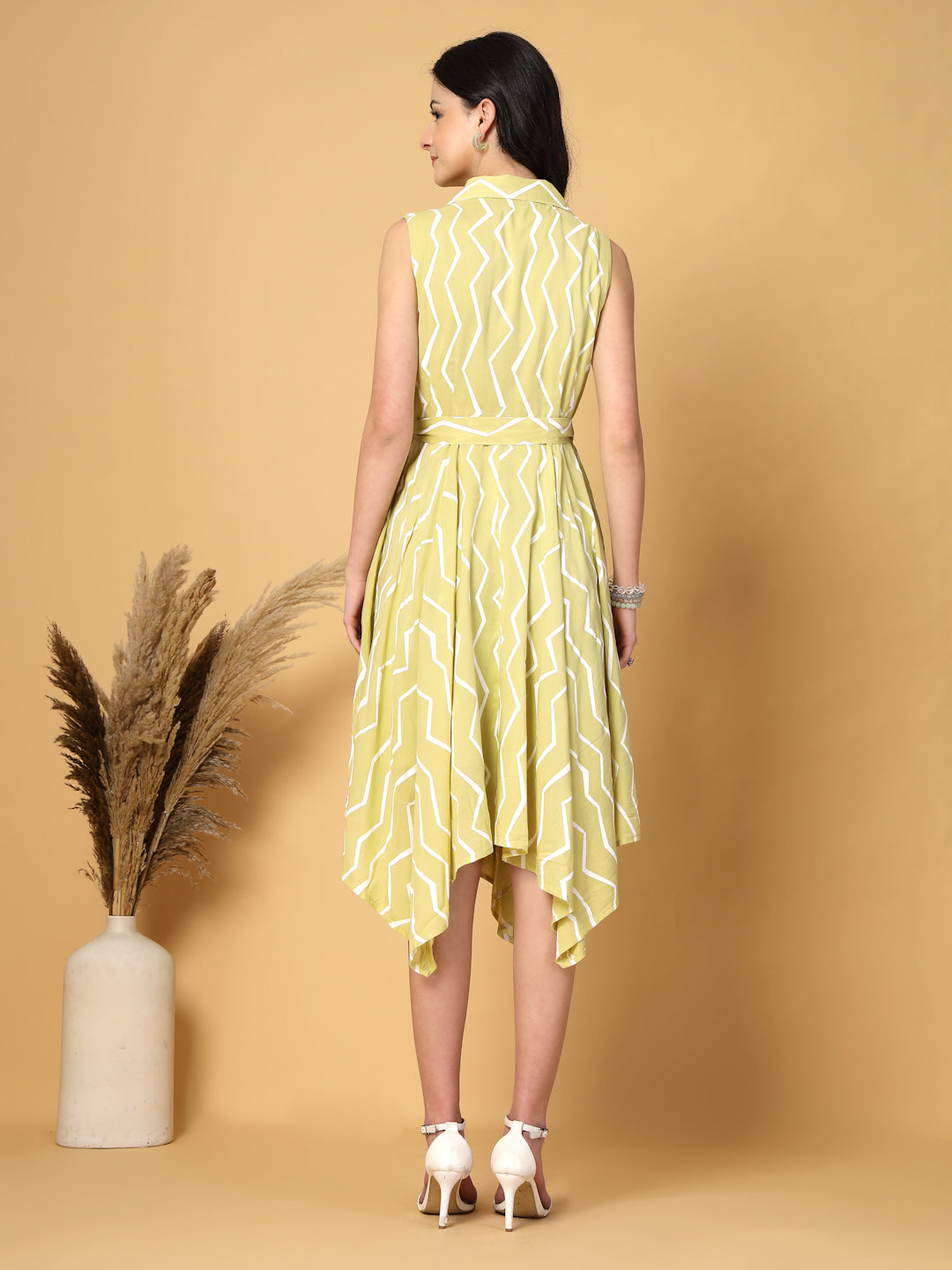 Gipsy Lime Green Chevron Cotton Dress With Belt