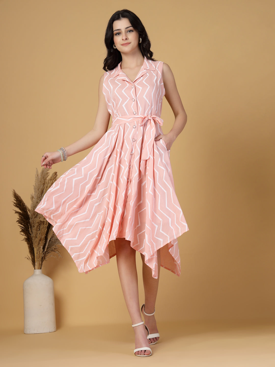 Gipsy Pink Chevron Cotton Dress With Belt